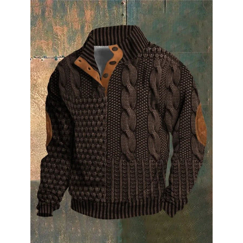 Mens Stand Collar Printed Polo Sweatshirt