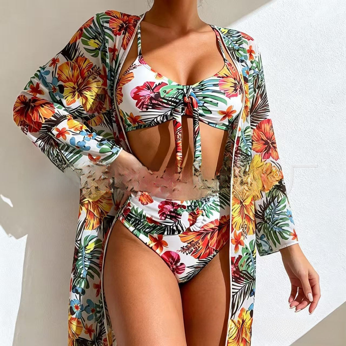 Floral Print Three-Piece Bikini Set