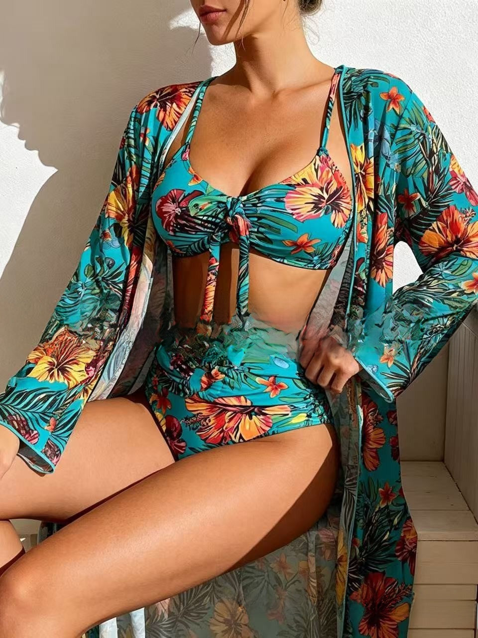 Floral Print Three-Piece Bikini Set