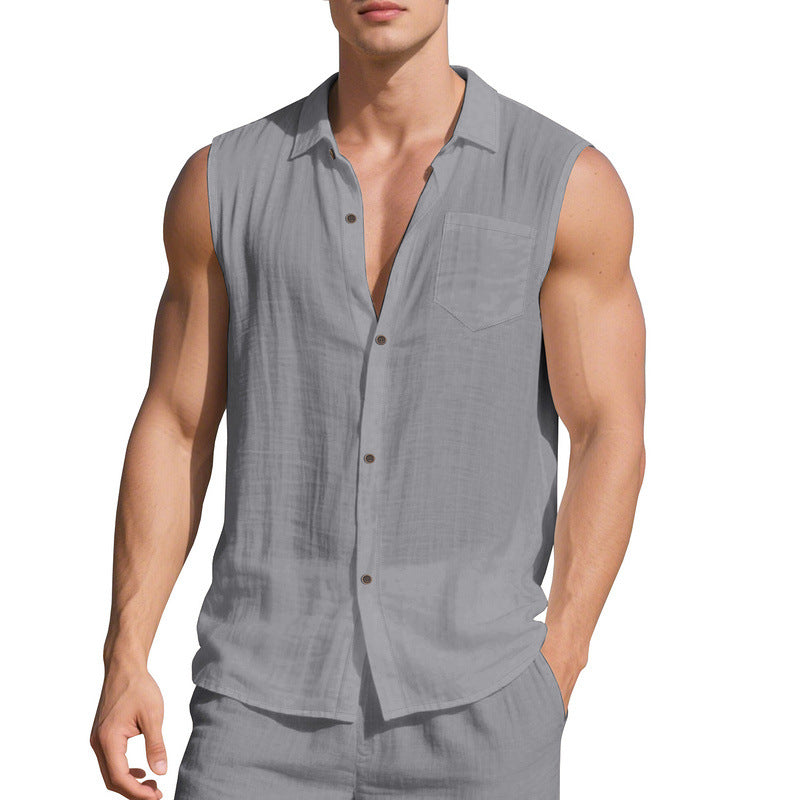 Linen Blend Open-Front Vest Shirt
