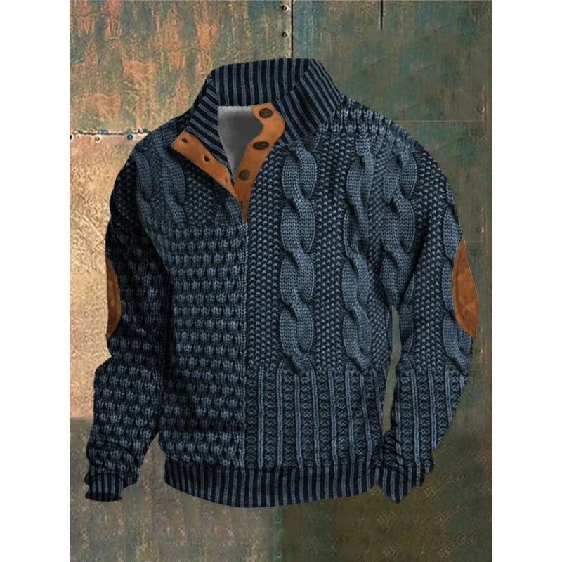 Mens Stand Collar Printed Polo Sweatshirt