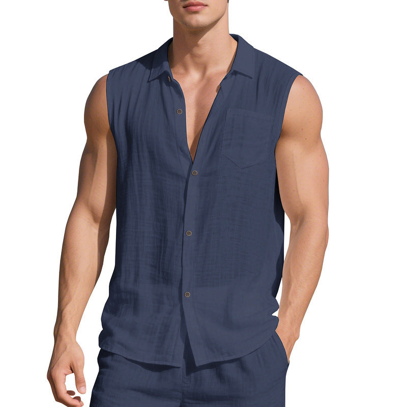 Linen Blend Open-Front Vest Shirt