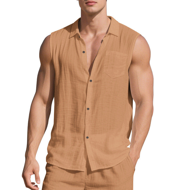 Linen Blend Open-Front Vest Shirt