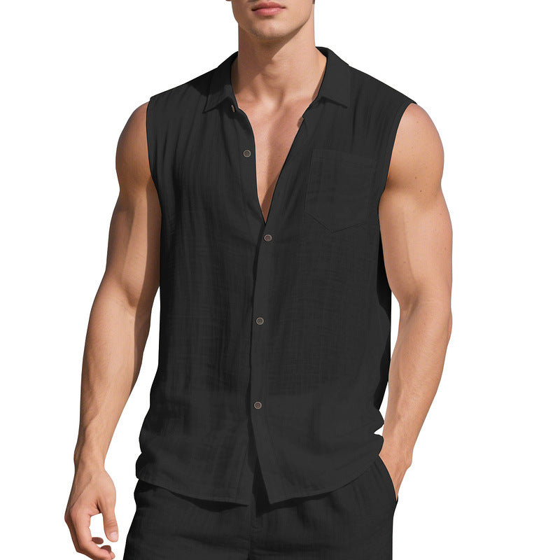 Linen Blend Open-Front Vest Shirt