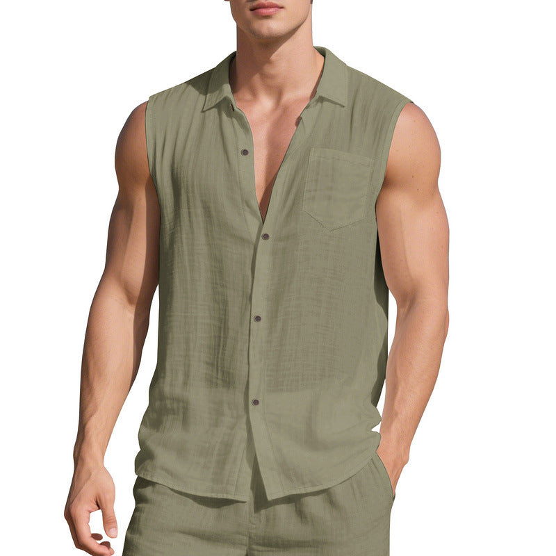 Linen Blend Open-Front Vest Shirt