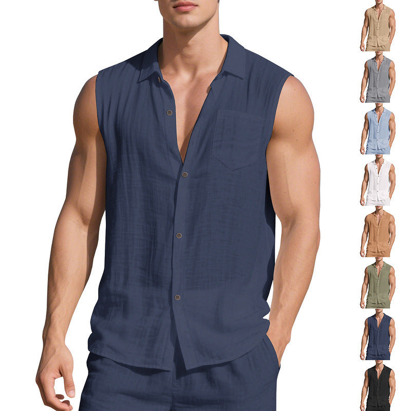 Linen Blend Open-Front Vest Shirt