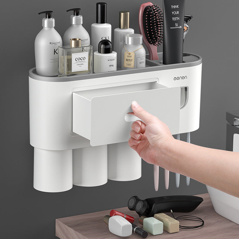 Wall-Mounted Toothbrush Cup Holder with Mouthwash Cup and Toothpaste Dispenser