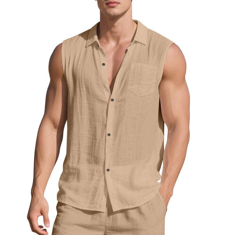 Linen Blend Open-Front Vest Shirt