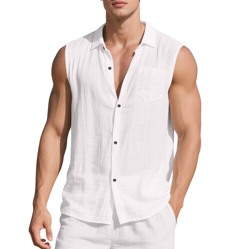 Linen Blend Open-Front Vest Shirt