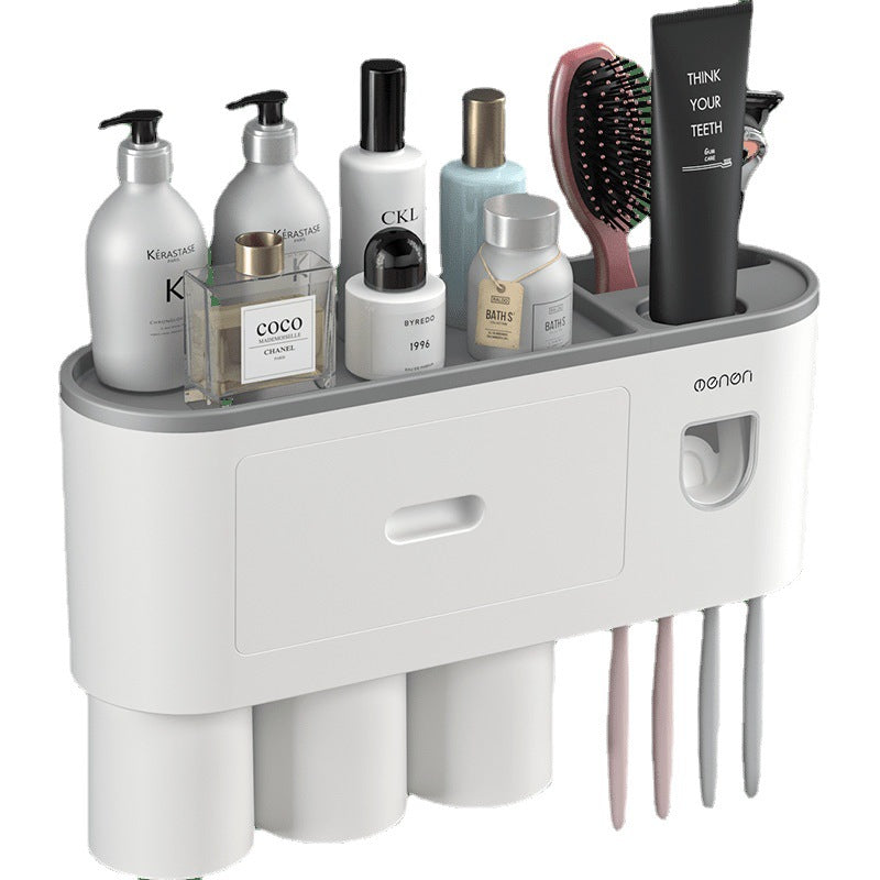Wall-Mounted Toothbrush Cup Holder with Mouthwash Cup and Toothpaste Dispenser
