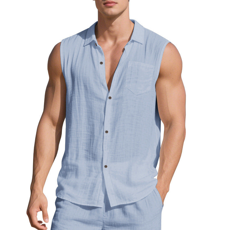 Linen Blend Open-Front Vest Shirt