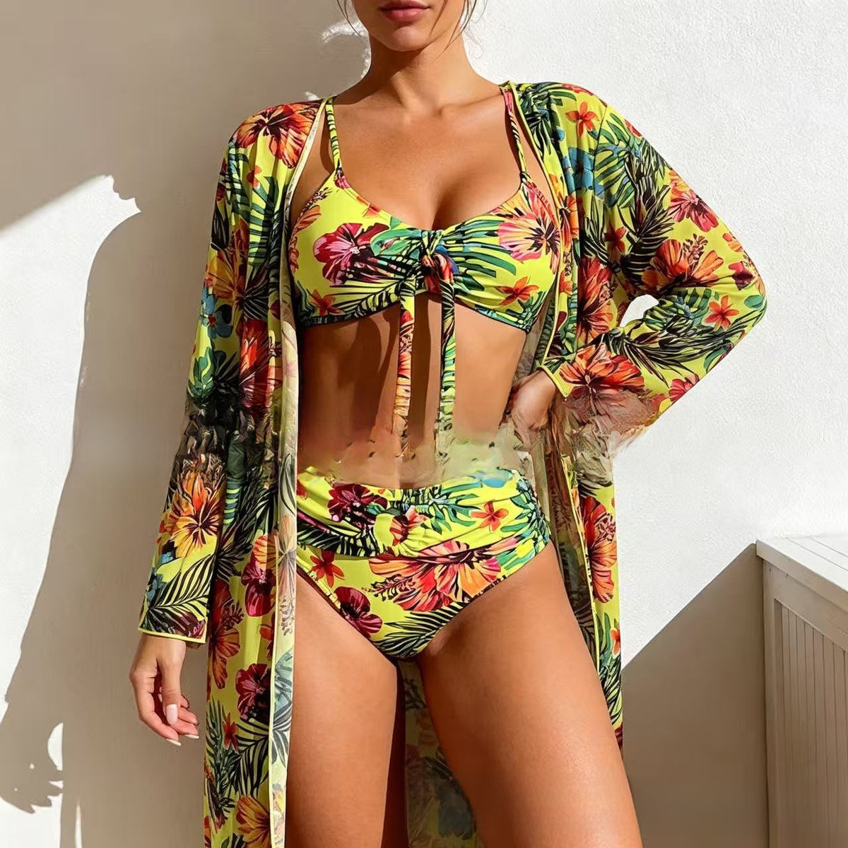 Floral Print Three-Piece Bikini Set