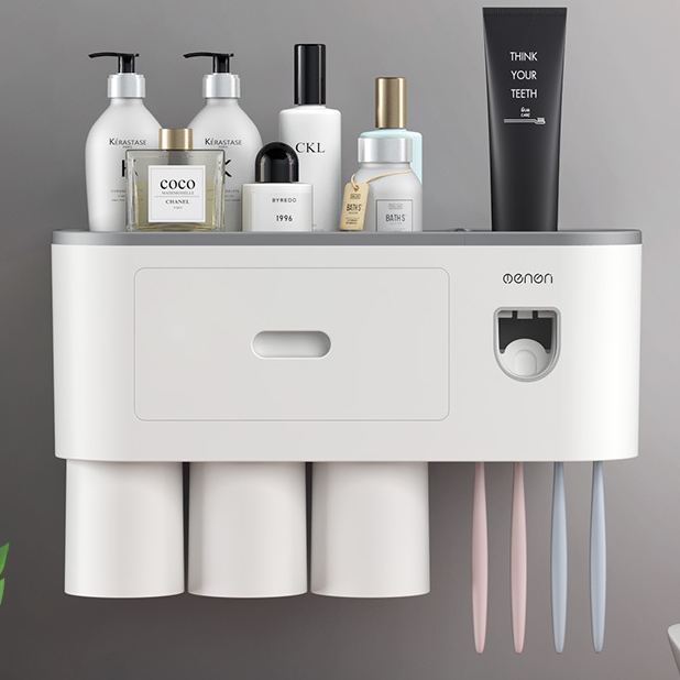 Wall-Mounted Toothbrush Cup Holder with Mouthwash Cup and Toothpaste Dispenser